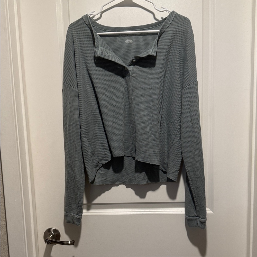 Women's Light Green/Grey Waffle Knit Long-Sleeve Top